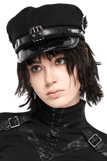 Punk Cap with PU Brim and Metal Embellishments